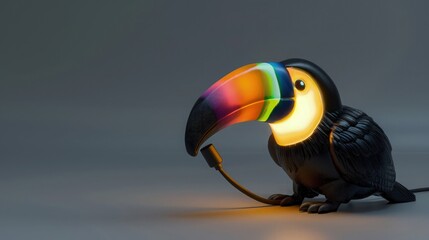 Sticker - A child's night lamp modeled after a baby toucan, with a colorful beak and black plumage. The light emits from the end of the beak, creating a playful effect.