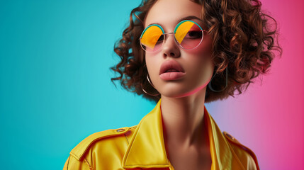 A woman wearing yellow sunglasses and a jacket stands in front of a blue background. Concept of style and confidence, as the woman is dressed in a bold and fashionable outfit. beautiful stylish woman