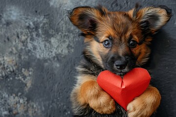 Wall Mural - A cute puppy with a paper heart in its paws on a grey background with a copy of the space