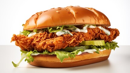 Wall Mural - A detailed mockup of a crispy fried chicken sandwich with lettuce and mayo, displayed on a white background 