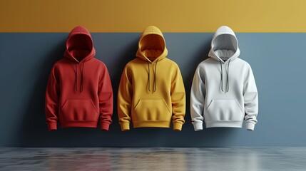 Wall Mural - Group of colorful hoodies hanging on grey wall, closeup view