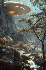 Poster - A futuristic park on a planet, where Wi-Fi signals are visible as part of the environment, blending with nature,