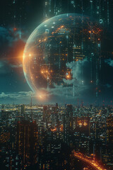 Poster - A depiction of a planet with Wi-Fi signals creating a protective shield around it, ensuring continuous connectivity,