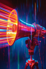 Fototapete - An abstract depiction of a megaphone with bright, glowing lines radiating from its mouth, symbolizing a loud shout,