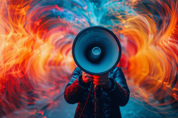 Fototapete - A megaphone surrounded by swirling, vibrant sound waves, creating a dynamic sense of voice projection,