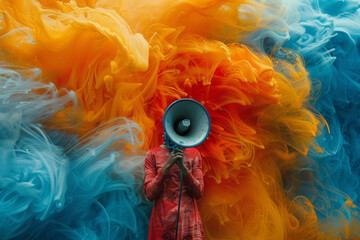 Fototapete - A megaphone surrounded by swirling, vibrant sound waves, creating a dynamic sense of voice projection,