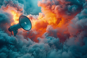 Fototapete - An abstract representation of a megaphone surrounded by swirling clouds of colorful mist, symbolizing a voice spreading through the air,