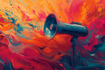 Fototapete - An abstract design featuring a megaphone with dynamic lines and patterns emanating from it, symbolizing a powerful shout,