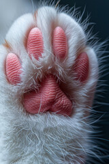 Wall Mural - A macro shot of a white cat paw with pink pads, highlighting the contrast between the fur and the pads,