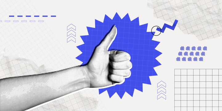 Trendy Halftone Collage Hand showing Thumbs up gesture on geometric background. Like sign. Finger up. Customer positive feedback. Business success. Contemporary abstract vector art illustration