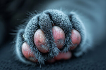 Wall Mural - A close-up of a gray cat paw with soft, velvety fur and pink pads, capturing the texture and color,