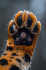 Poster - A close-up of a Bengal cat paw with spotted fur and dark pads, highlighting the exotic appearance,