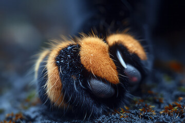 Poster - A macro shot of a Himalayan cat paw with long, fluffy fur and dark pads, capturing the luxurious texture,