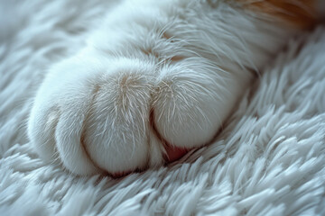 Poster - A macro shot of a Himalayan cat paw with long, fluffy fur and dark pads, capturing the luxurious texture,