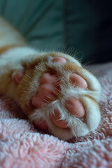 Poster - A detailed image of a Scottish Fold cat paw with short, dense fur and pink pads, highlighting the softness,