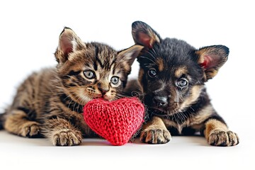 Wall Mural - A cute kitten and puppy with a paper heart in its paws on a grey background with a copy of the space