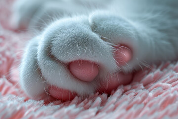 Poster - A close-up of a Ragdoll cat paw with silky fur and light pink pads, capturing the gentle appearance,
