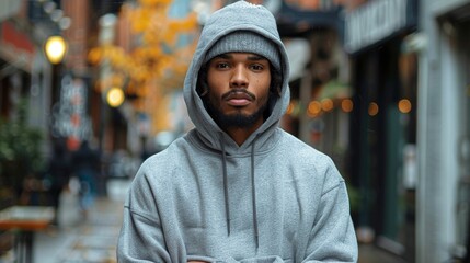 Handsome african american man in hoodie looking at camera while standing on street