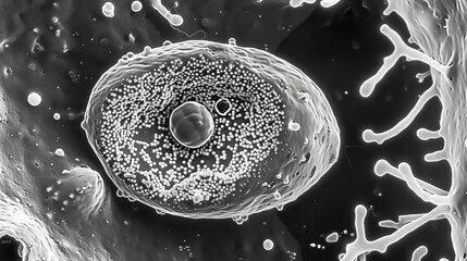 Sticker - Electron micrograph of a white adipocyte showing its distinct large central lipid droplet and a small flattened nucleus pushed to the side