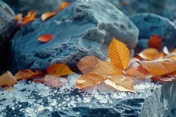 Poster - A macro shot of salt deposits on the surface of a leaf-covered forest floor, symbolizing the integration of salt into the natural world,