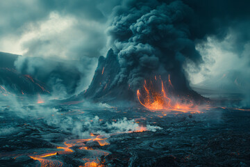 Aufkleber - A dramatic scene of volcanic activity during the Permian period, with ash clouds and flowing lava,
