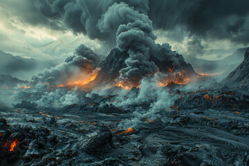 Poster - A dramatic scene of volcanic activity during the Permian period, with ash clouds and flowing lava,