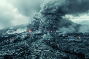 Aufkleber - A dramatic scene of volcanic activity during the Permian period, with ash clouds and flowing lava,