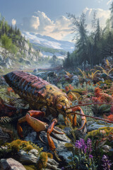Aufkleber - An artistic rendering of the Silurian period, featuring the early terrestrial arthropods and primitive plants on land,