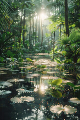 Aufkleber - A depiction of the Carboniferous coal swamps, with dense vegetation and large dragonflies,