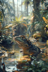 Poster - An artistic representation of early land vertebrates, crawling through a lush Paleozoic forest,