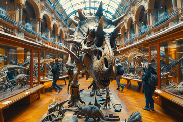 Aufkleber - A panoramic view of a museum hall filled with various dinosaur skeletons and fossil displays,