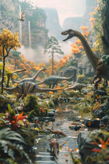 Aufkleber - A diorama depicting a prehistoric landscape, with animatronic dinosaurs moving in a realistic environment,