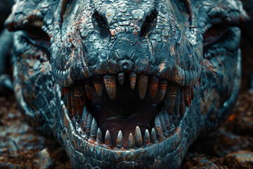 Aufkleber - A close-up of a T-Rex skull, showing the sharp teeth and powerful jaw structure,