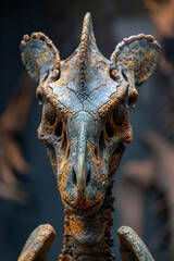 Aufkleber - A detailed display of a Parasaurolophus skeleton, highlighting its distinctive cranial crest,