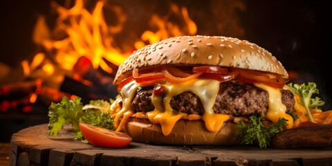 Wall Mural - A mouthwatering hamburger with cheese lettuce and a fiery backdrop. Concept Food Photography, Hamburger, Cheese, Lettuce, Fiery Background