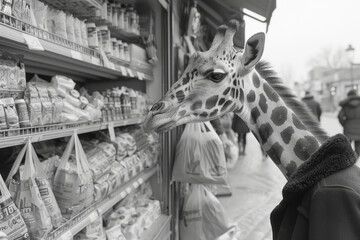 Poster - A giraffe in casual attire, shopping for groceries at a local market, with a reusable bag around its neck,