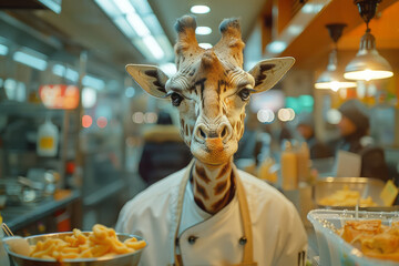 Poster - A giraffe in a chefâ€™s outfit, cooking a gourmet meal in a modern kitchen,