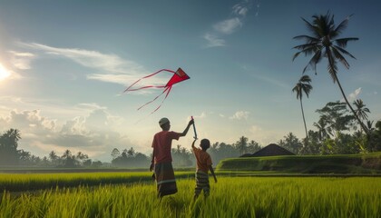 Wall Mural - Father-Son Bonding: Kite Flying in Bali's Rice Fields