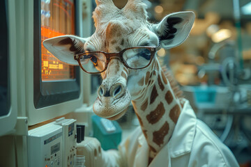 Fototapete - A giraffe wearing a lab coat and glasses, conducting an experiment in a high-tech laboratory,