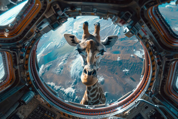 Poster - A giraffe in a space suit, floating in a spaceship with a view of Earth,
