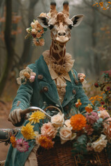 Poster - A giraffe dressed in vintage clothing, riding a bicycle with a basket full of flowers,