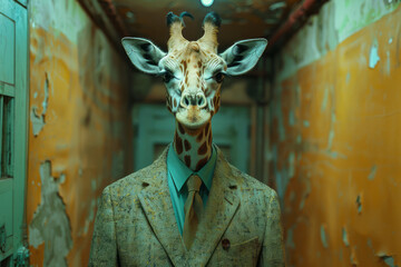Poster - A giraffe in a detectiveâ€™s outfit, solving a mystery in a dimly lit room,