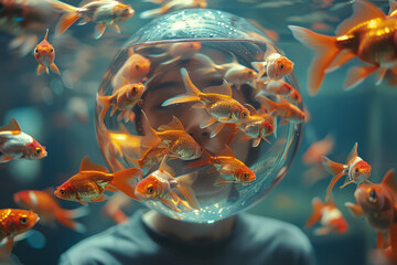 Poster - A person with a fishbowl for a head, filled with swimming goldfish,