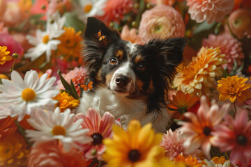 Poster - A dog with butterfly wings, flying around a garden of oversized flowers,