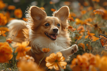 Poster - A dog with butterfly wings, flying around a garden of oversized flowers,