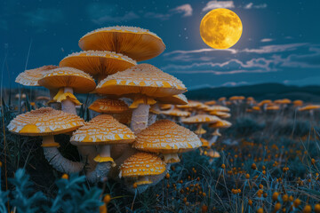 Poster - A field of giant, animate mushrooms dancing under the light of a full moon,