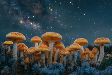 Poster - A field of giant, animate mushrooms dancing under the light of a full moon,