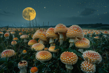 Poster - A field of giant, animate mushrooms dancing under the light of a full moon,