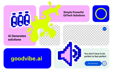 Wall Mural - bento grid web layout with pixels y2k trendy playful stickers. brutalist style, 8bit icons abstract.