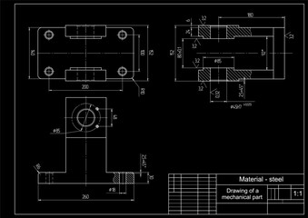 Wall Mural - Vector drawing of a steel mechanical part with through holes.
Engineering cad scheme. Mechanic background.